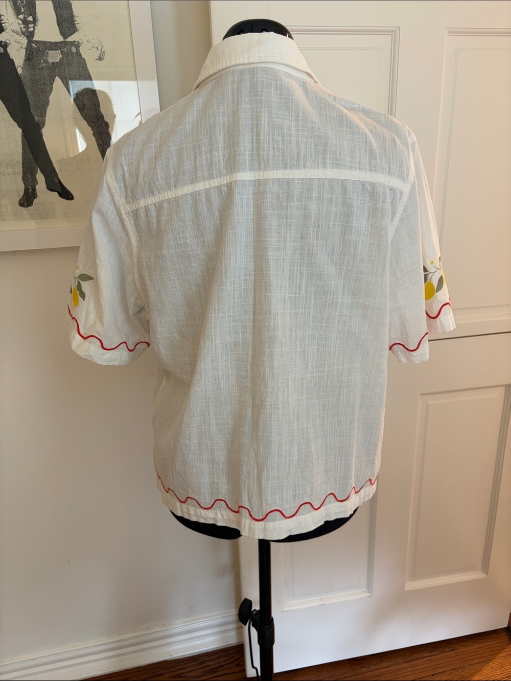 White Embroidered Short-Sleeve Button Front Blouse with Red Trim - Picture 7 of 9